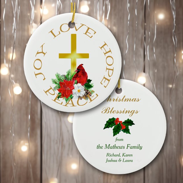 Gold Cross Red Cardinal Bouquet Ceramic Ornament (Creator Uploaded)