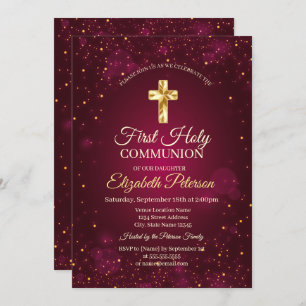 Gold Cross Red Confetti First Holy Communion Invitation