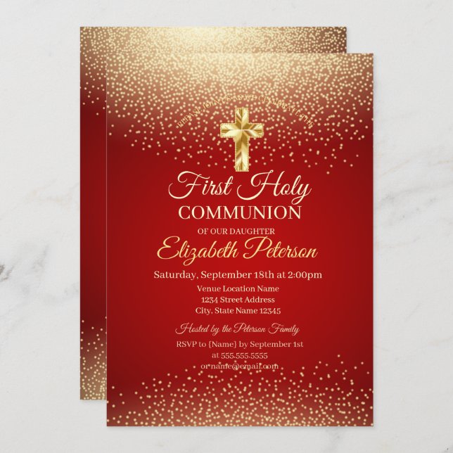 Gold Cross Red Dots First Holy Communion  Invitation (Front/Back)