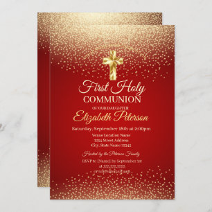 Gold Cross Red Dots First Holy Communion Invitation