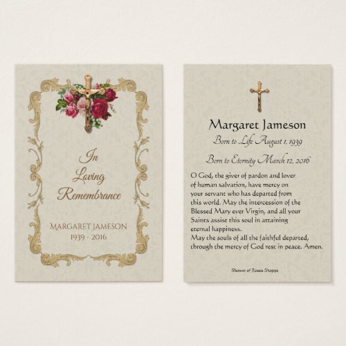 Gold Cross Red Roses Sympathy Condolence Holy Card