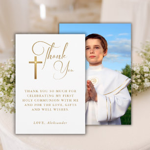 Gold Cross Religious First Communion Photo Thank You Card