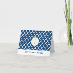 Gold Cross Religious You Thank, Navy Quatrefoil Thank You Card