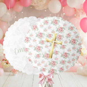 Gold Cross Sage Green & Pink Floral Custom Name Balloon