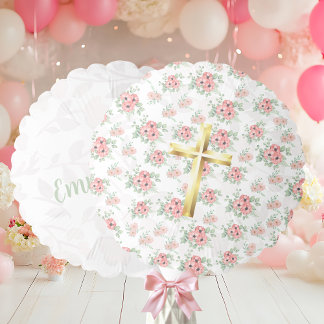 Gold Cross Sage Green & Pink Floral Custom Name Balloon