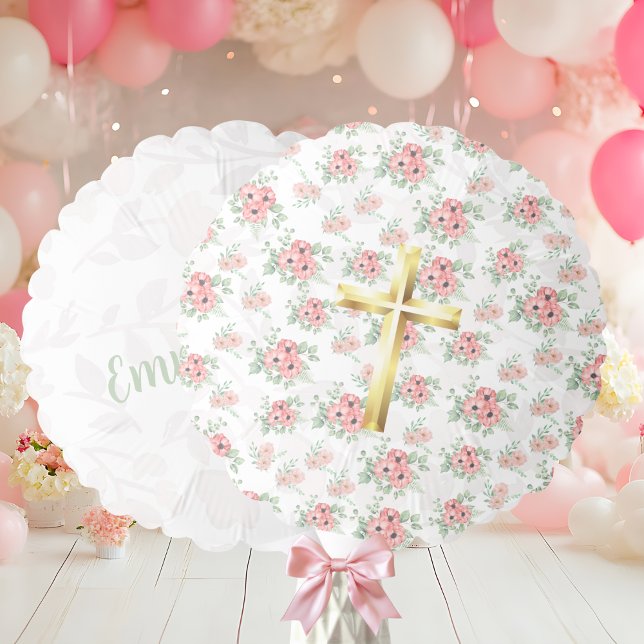 Gold Cross Sage Green & Pink Floral Custom Name  Balloon (Creator Uploaded)