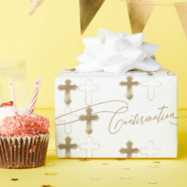 Gold Cross Script Confirmation Wrapping Paper (Birthday Party)