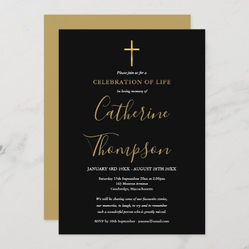 Gold Cross Script Funeral Celebration of Life Invitation