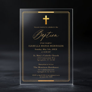 Gold Cross Script Typography Chic Elegant Baptism Acrylic Invitations