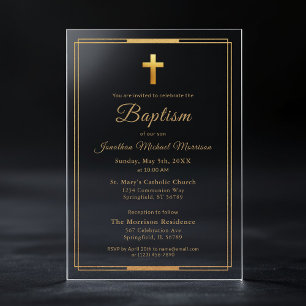 Gold Cross Script Typography Chic Elegant Baptism Acrylic Invitations