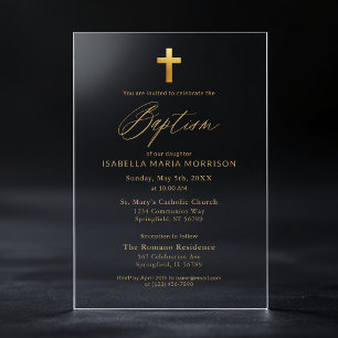 Gold Cross Script Typography Chic Elegant Baptism Acrylic Invitations