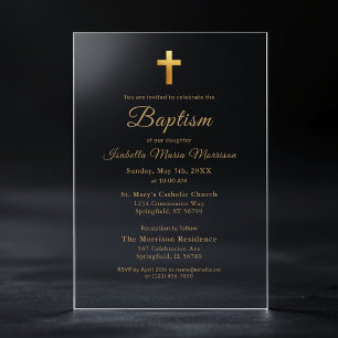Gold Cross Script Typography Chic Elegant Baptism Acrylic Invitations