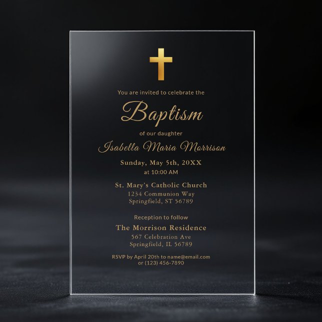 Gold Cross Script Typography Chic Elegant Baptism Acrylic Invitations (Creator Uploaded)