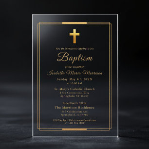 Gold Cross Script Typography Chic Elegant Baptism Acrylic Invitations