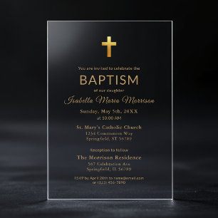 Gold Cross Script Typography Chic Elegant Baptism Acrylic Invitations