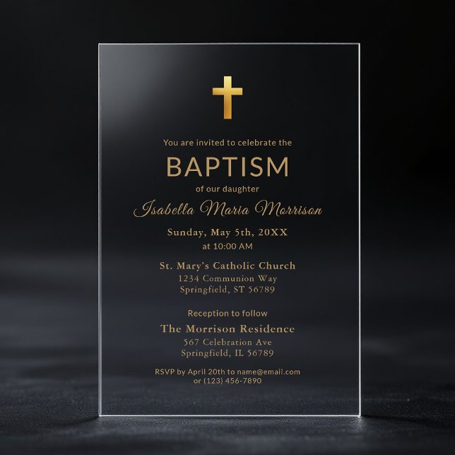 Gold Cross Script Typography Chic Elegant Baptism Acrylic Invitations (Creator Uploaded)