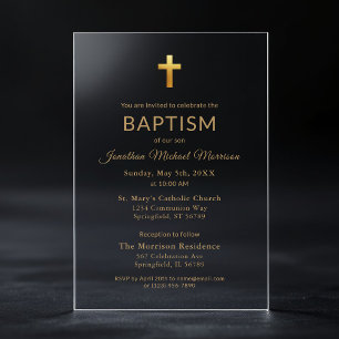 Gold Cross Script Typography Chic Elegant Baptism Acrylic Invitations
