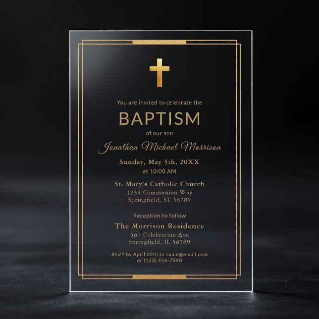 Gold Cross Script Typography Chic Elegant Baptism Acrylic Invitations (Creator Uploaded)