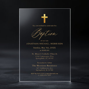 Gold Cross Script Typography Chic Elegant Baptism Acrylic Invitations