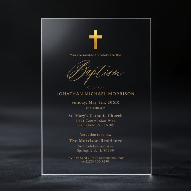 Gold Cross Script Typography Chic Elegant Baptism Acrylic Invitations (Creator Uploaded)
