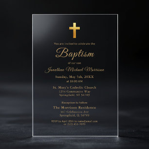 Gold Cross Script Typography Chic Elegant Baptism Acrylic Invitations