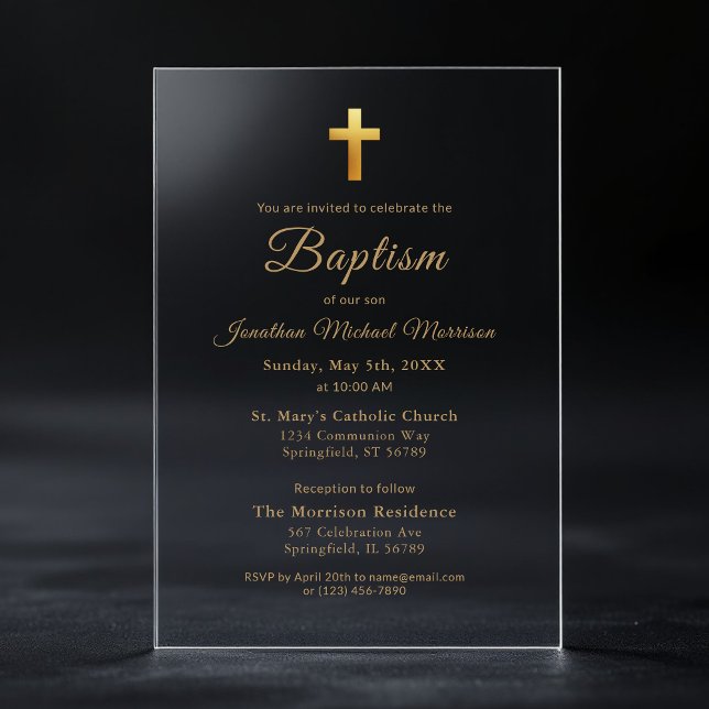 Gold Cross Script Typography Chic Elegant Baptism Acrylic Invitations (Creator Uploaded)