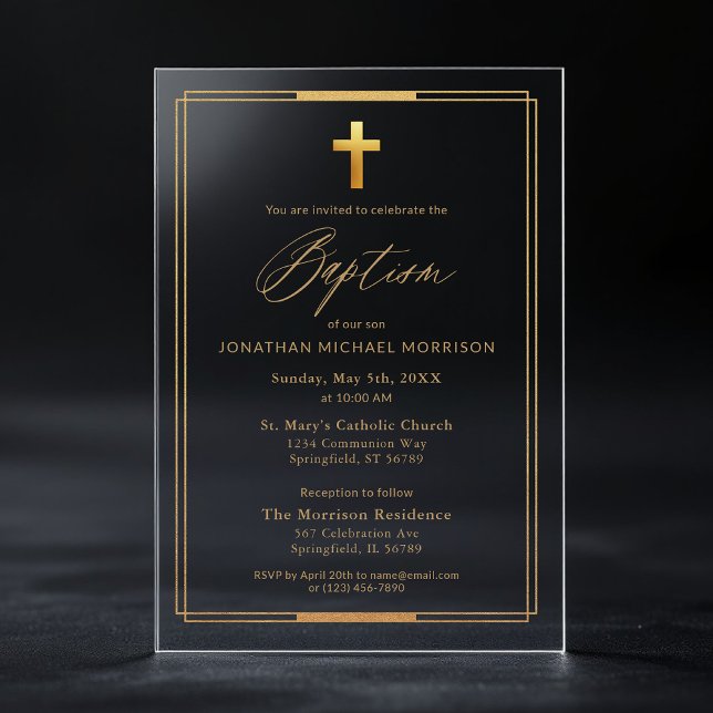 Gold Cross Script Typography Chic Elegant Baptism Acrylic Invitations (Creator Uploaded)