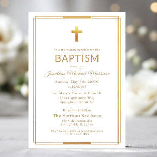 Gold Cross Script Typography Chic Elegant Baptism Invitation