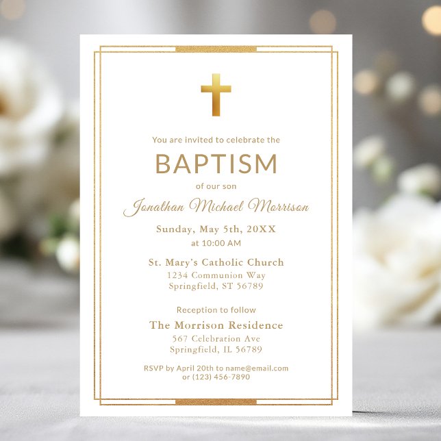 Gold Cross Script Typography Chic Elegant Baptism Invitation (Creator Uploaded)