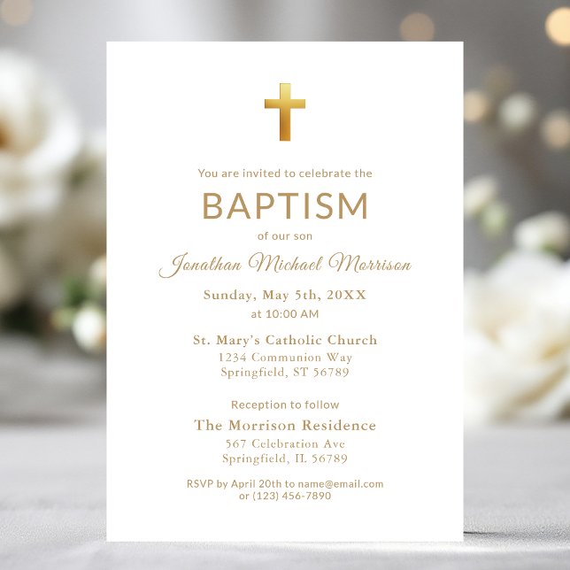 Gold Cross Script Typography Chic Elegant Baptism Invitation (Creator Uploaded)