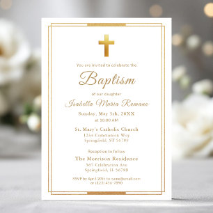 Gold Cross Script Typography Chic Elegant Baptism Invitation