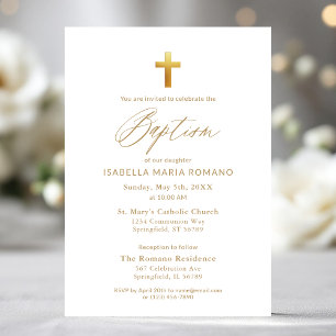 Gold Cross Script Typography Chic Elegant Baptism Invitation