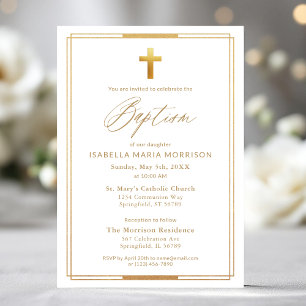 Gold Cross Script Typography Chic Elegant Baptism Invitation