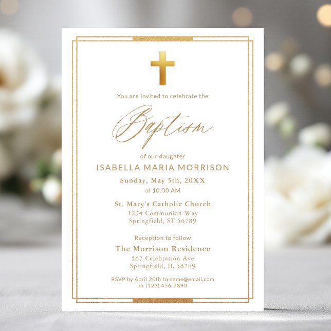 Gold Cross Script Typography Chic Elegant Baptism Invitation (Creator Uploaded)