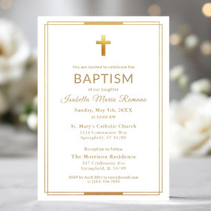 Gold Cross Script Typography Chic Elegant Baptism Invitation