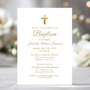 Gold Cross Script Typography Chic Elegant Baptism Invitation