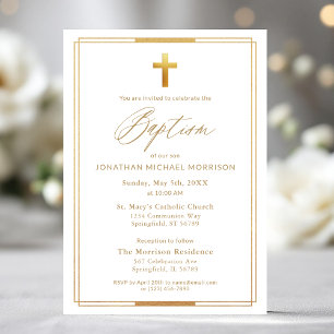 Gold Cross Script Typography Chic Elegant Baptism Invitation