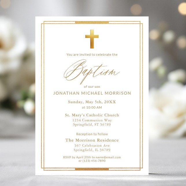 Gold Cross Script Typography Chic Elegant Baptism Invitation (Creator Uploaded)