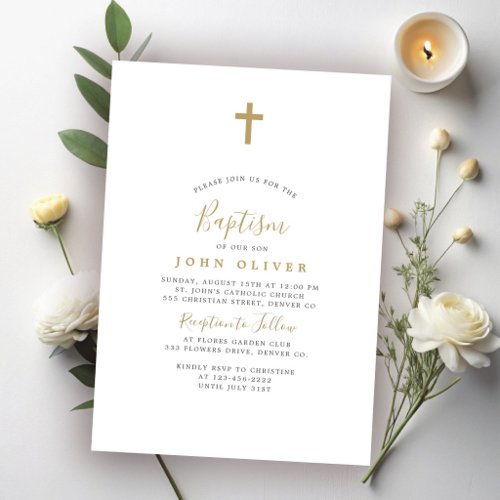 Gold cross simple minimalist boy baptism invitation