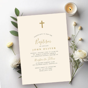 Gold cross simple minimalist boy baptism invitation