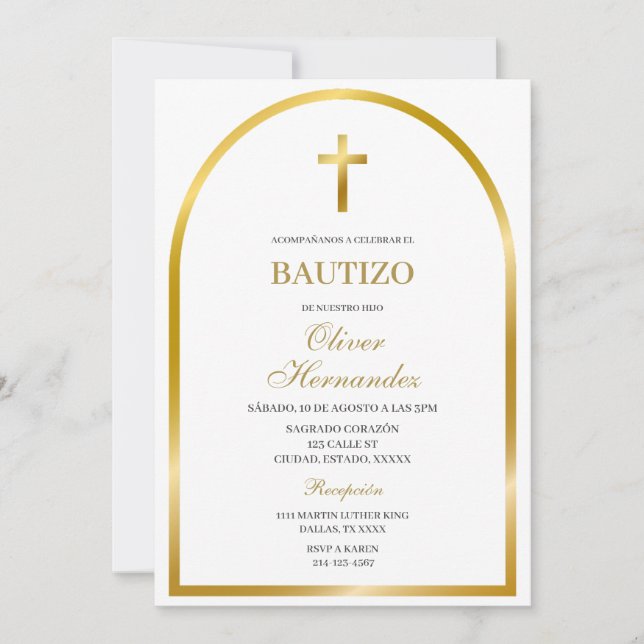 Gold cross Spanish baptism  Invitation (Front)