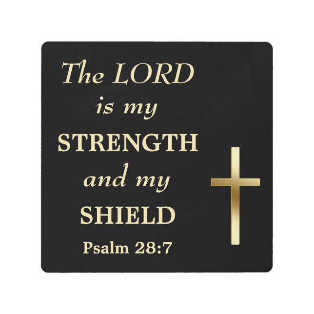 Gold Cross Strength and Shield Metal Print (Front)
