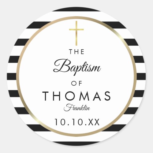 Gold Cross Stripe Baptism Christening Classic Round Sticker