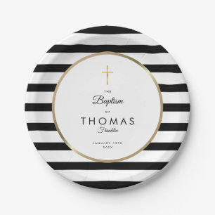 Gold Cross Stripe Baptism Christening Paper Plates