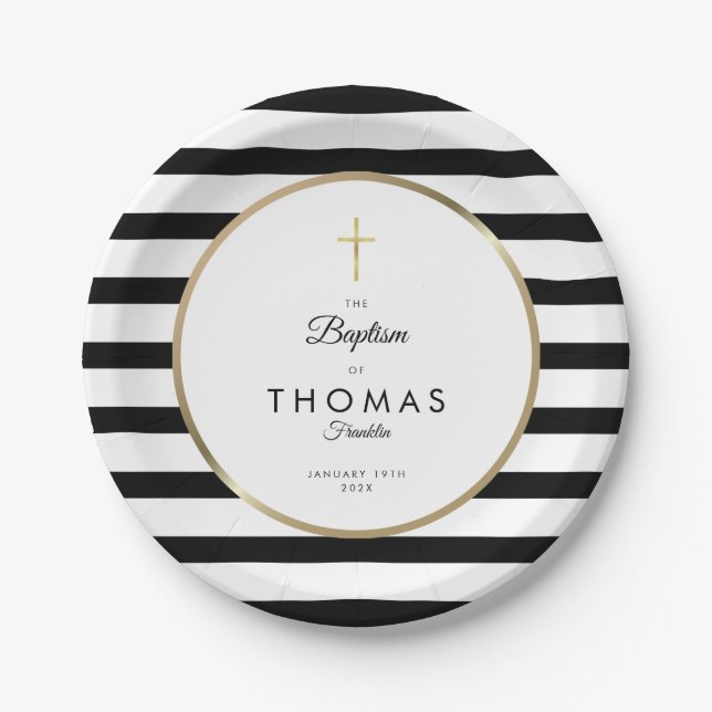 Gold Cross Stripe Baptism Christening Paper Plates (Front)