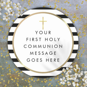 Gold Cross Stripe First Holy Communion Message Classic Round Sticker