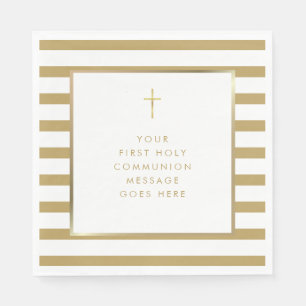Gold Cross Stripe First Holy Communion Message Napkins