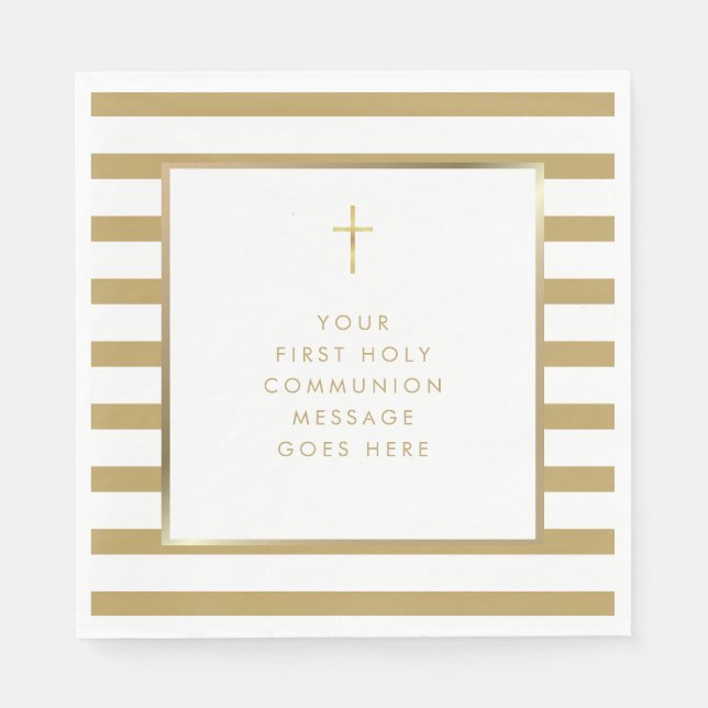 Gold Cross Stripe First Holy Communion Message Napkins (Front)