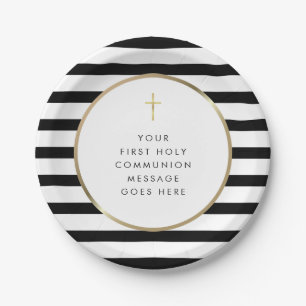 Gold Cross Stripe First Holy Communion Message Paper Plates