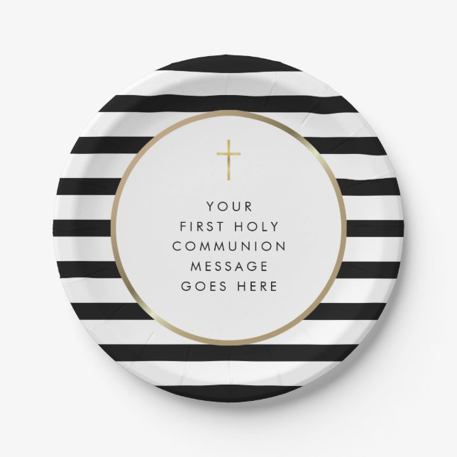 Gold Cross Stripe First Holy Communion Message Paper Plates (Front)